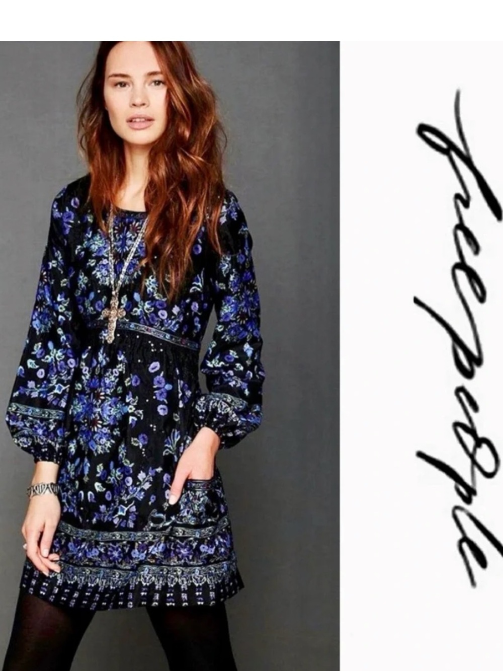 Free People Black and Blue Floral Long Sleeve Dress
